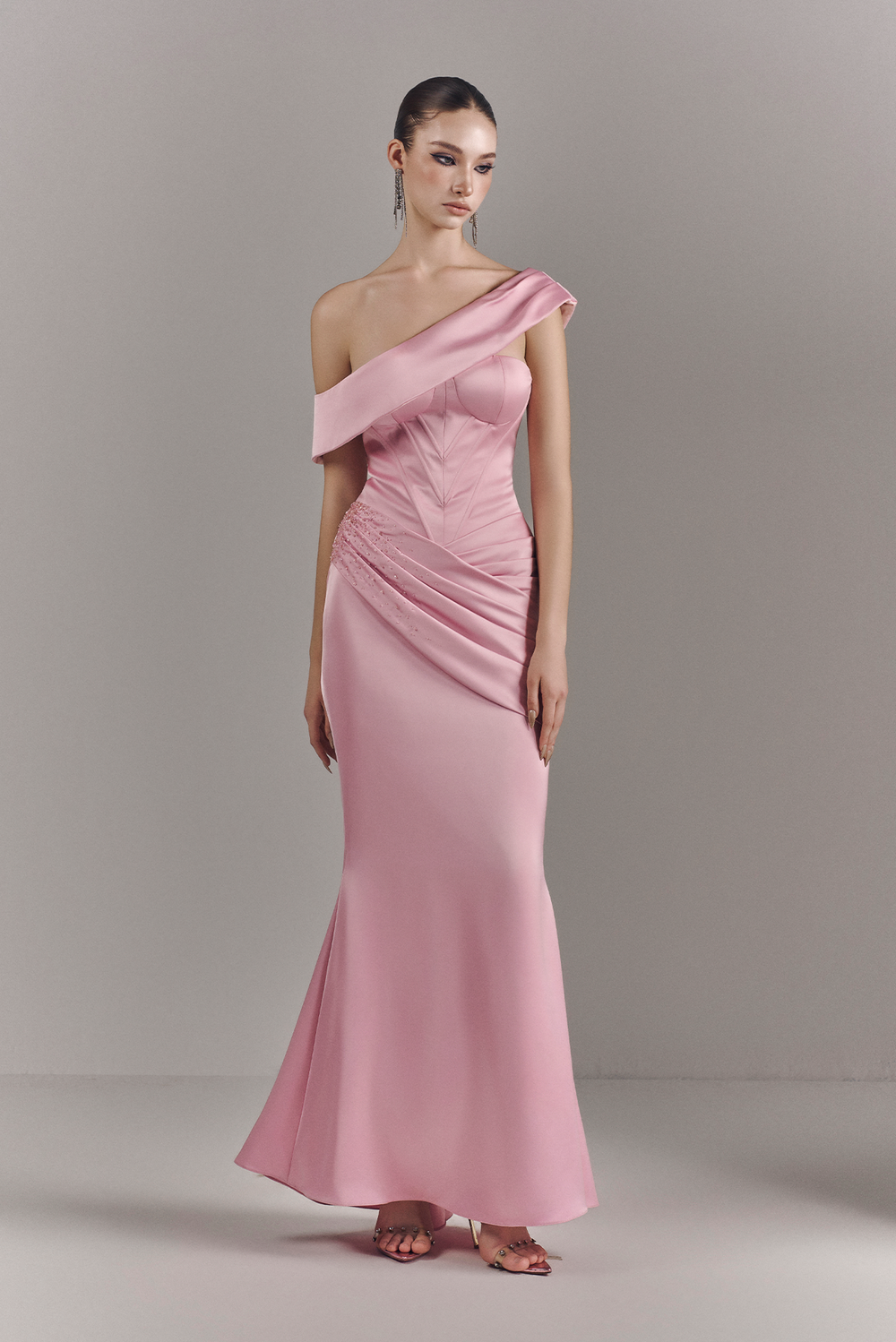 Mira Asymmetric Off Shoulder Draped Maxi Dress