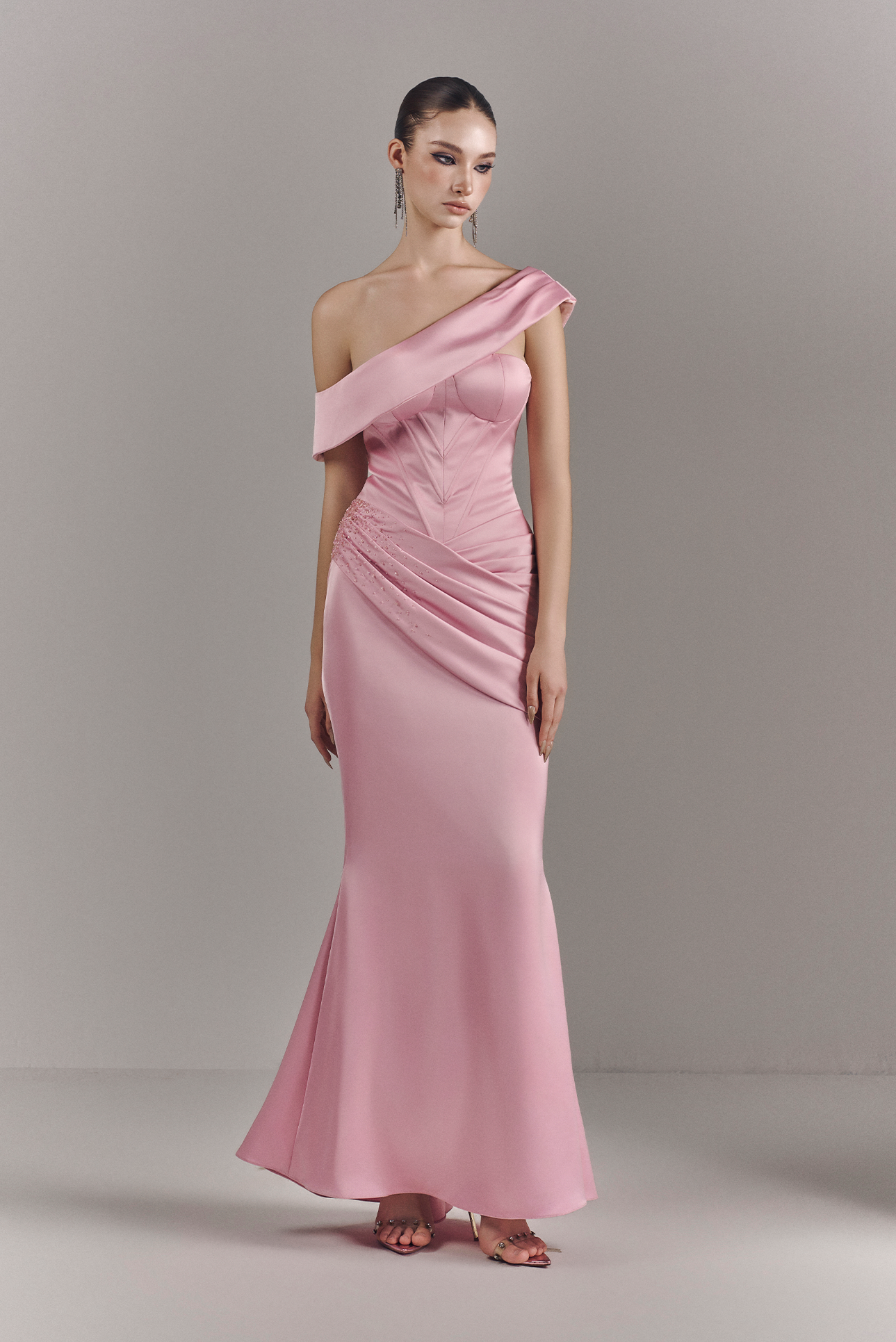 Mira Asymmetric Off Shoulder Draped Maxi Dress