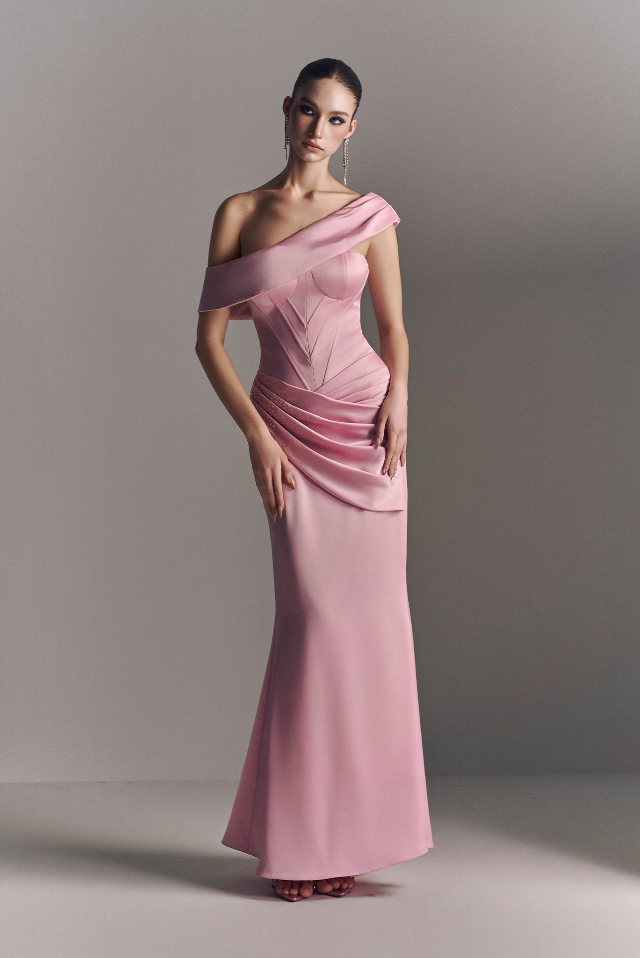 Mira Asymmetric Off Shoulder Draped Maxi Dress