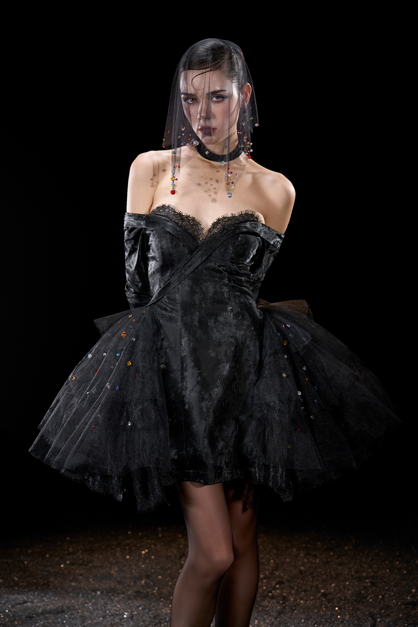 Nexus Gothic Off Shoulder Lace Trim Sweetheart Velvet Mini Dress