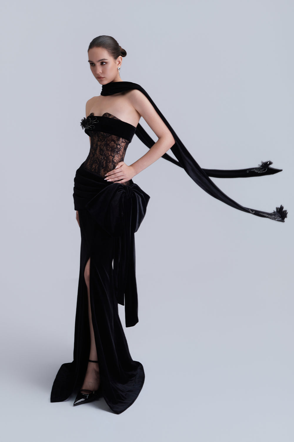 Naomi Bandeau Velvet Maxi Dress With Crystal Applique Scarf