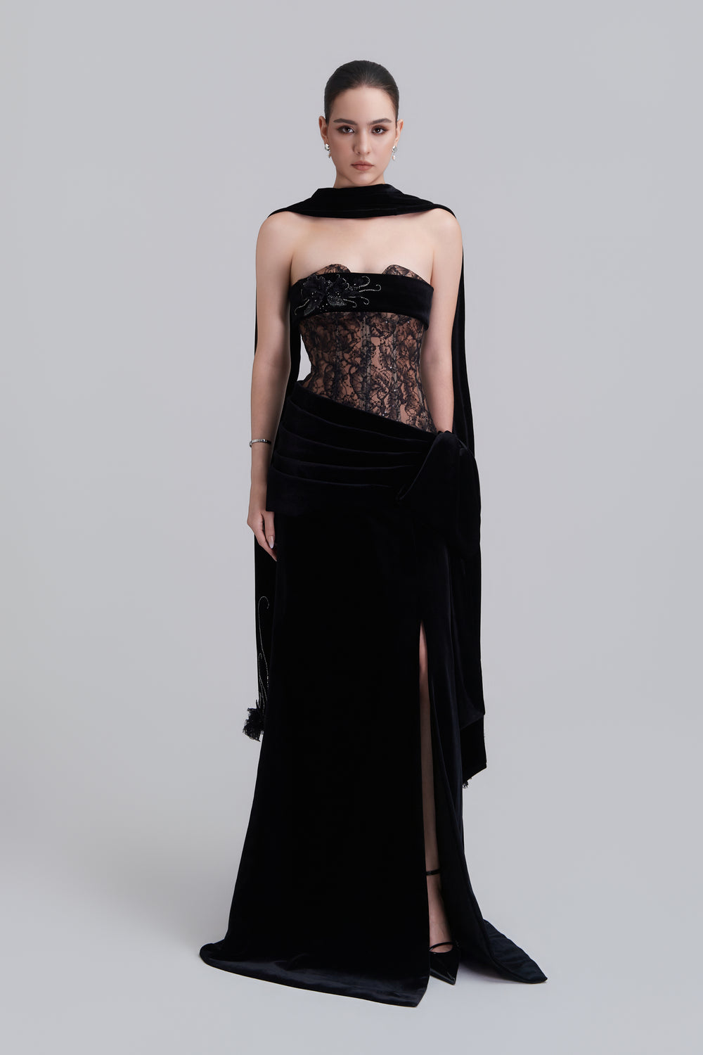 Naomi Bandeau Velvet Maxi Dress With Crystal Applique Scarf