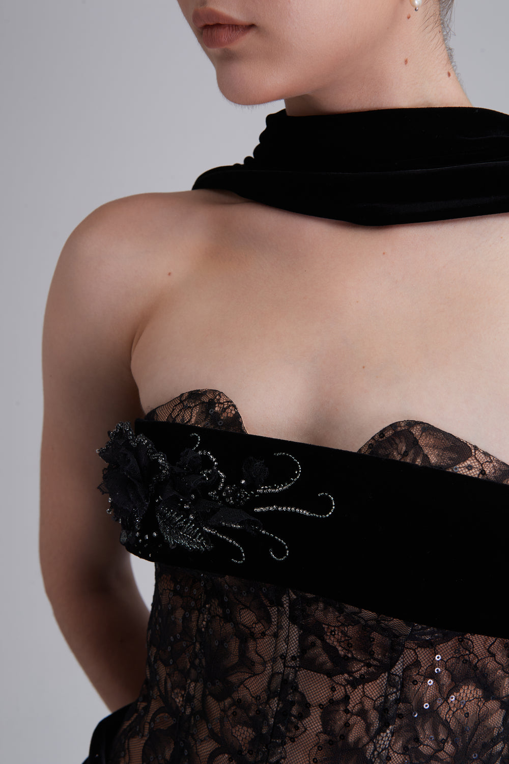 Naomi Bandeau Velvet Maxi Dress With Crystal Applique Scarf