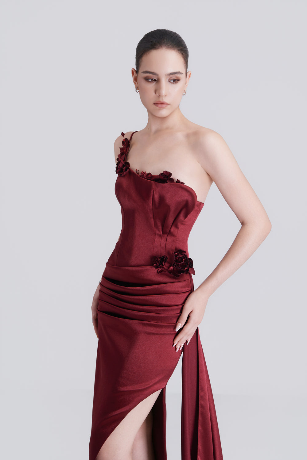 Beth Floral Appliqués Slit Maxi Dress With Side Train