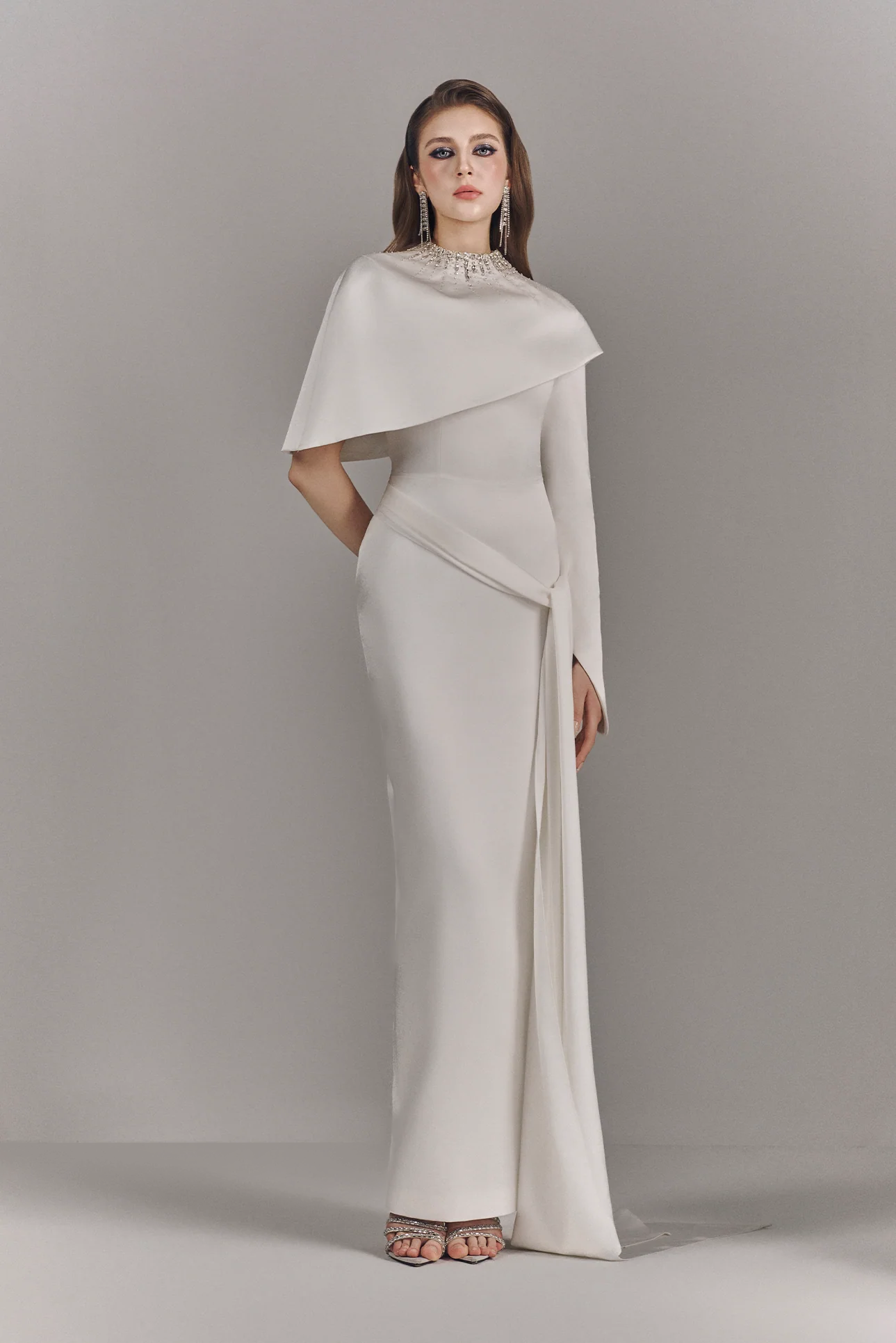 Alessira High Neckline Maxi Dress With Asymmetric Cape