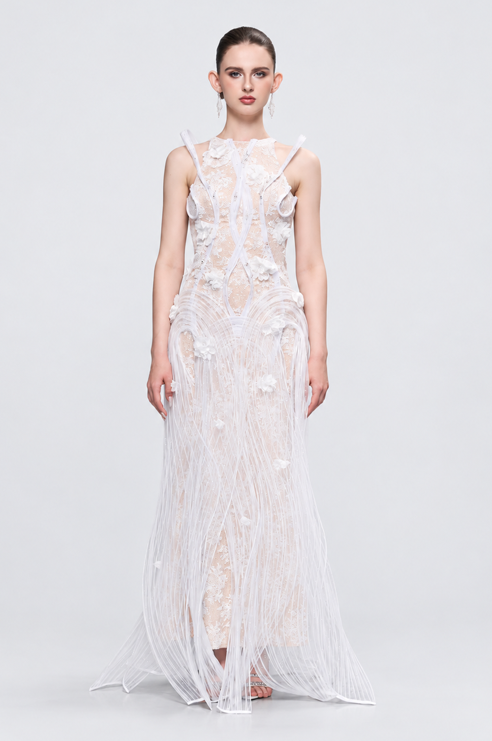 Esther Couture Lace Round-Neck 3D Pleated Plissé Maxi Dress