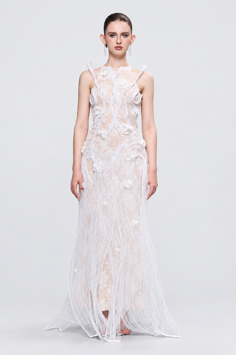 Esther Couture Lace Round-Neck 3D Pleated Plissé Maxi Dress
