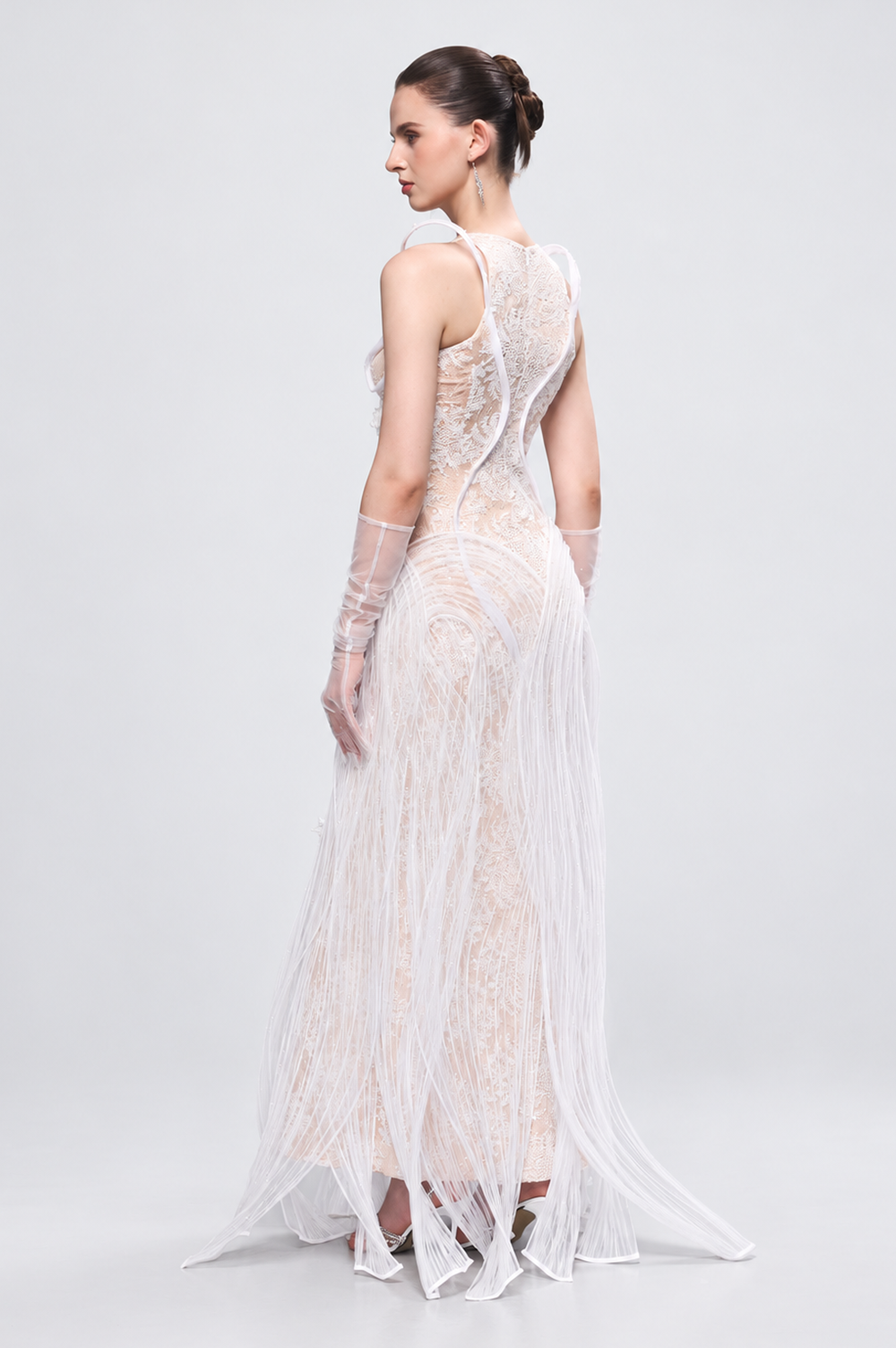 Esther Couture Lace Round-Neck 3D Pleated Plissé Maxi Dress