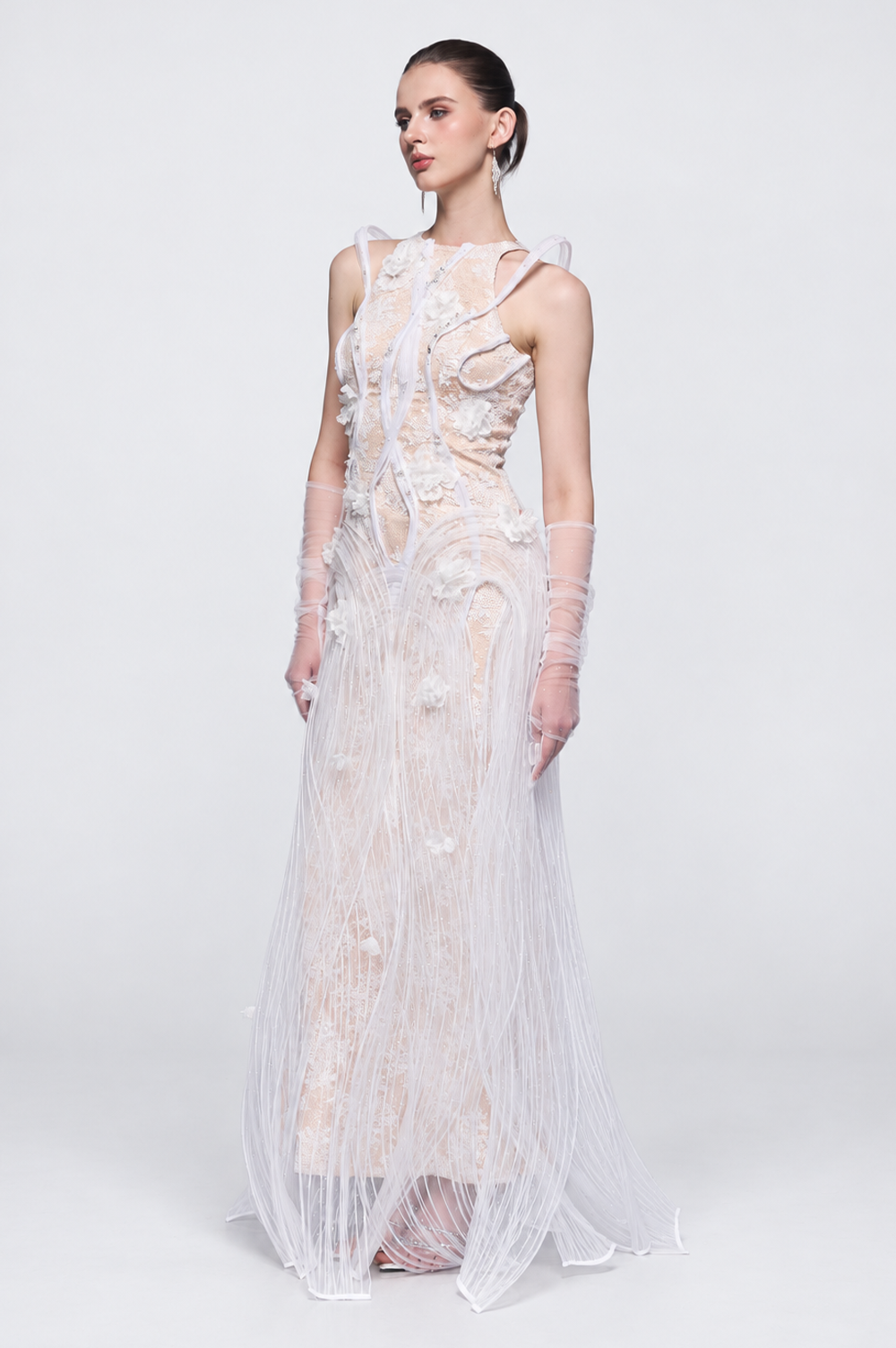Esther Couture Lace Round-Neck 3D Pleated Plissé Maxi Dress