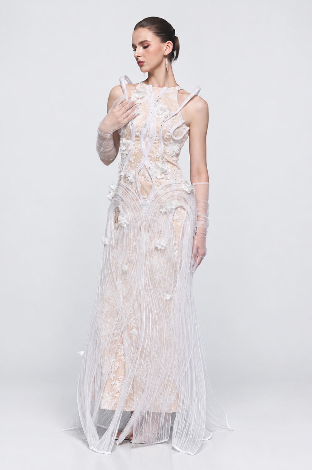 Esther Couture Lace Round-Neck 3D Pleated Plissé Maxi Dress