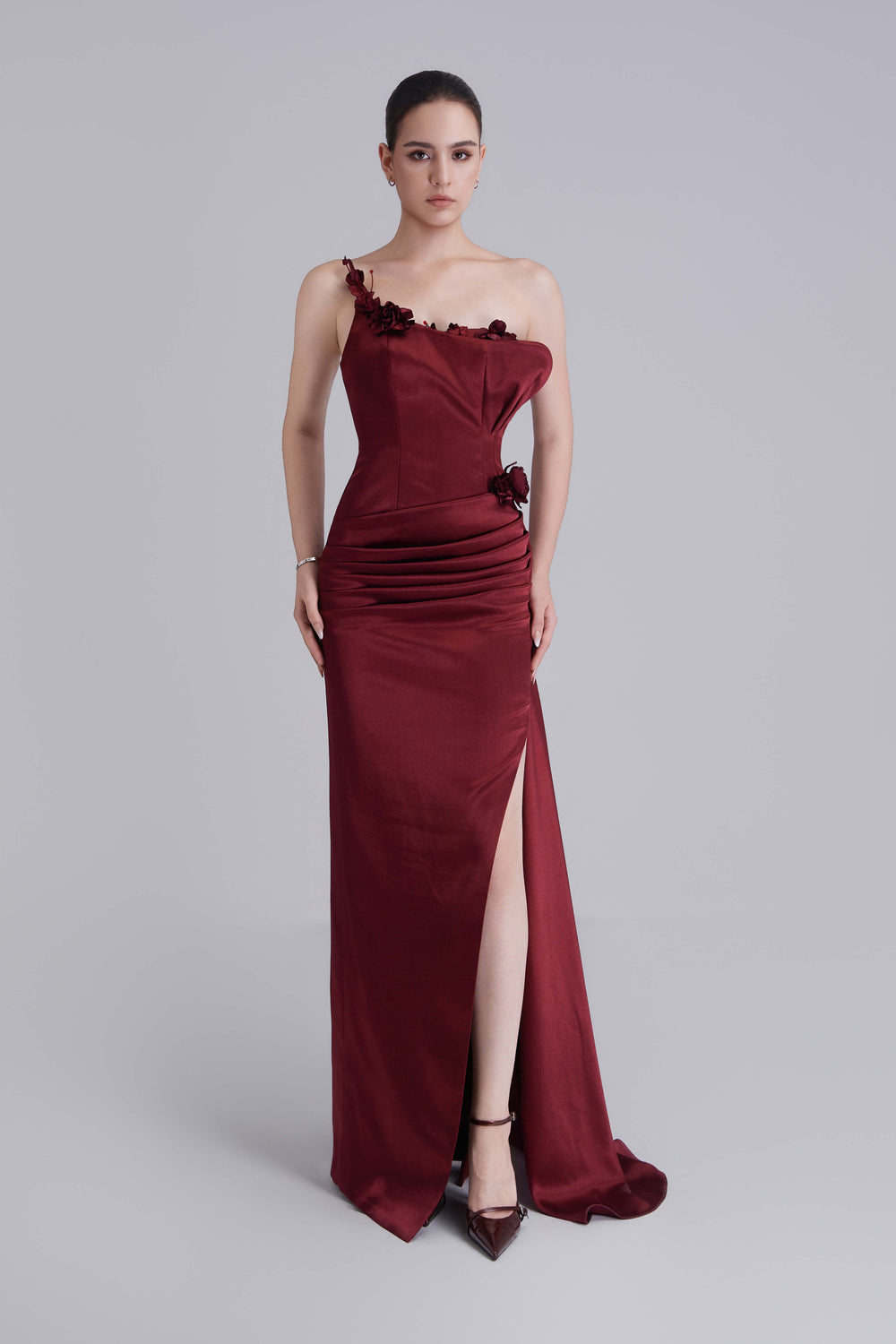 Beth Floral Appliqués Slit Maxi Dress With Side Train