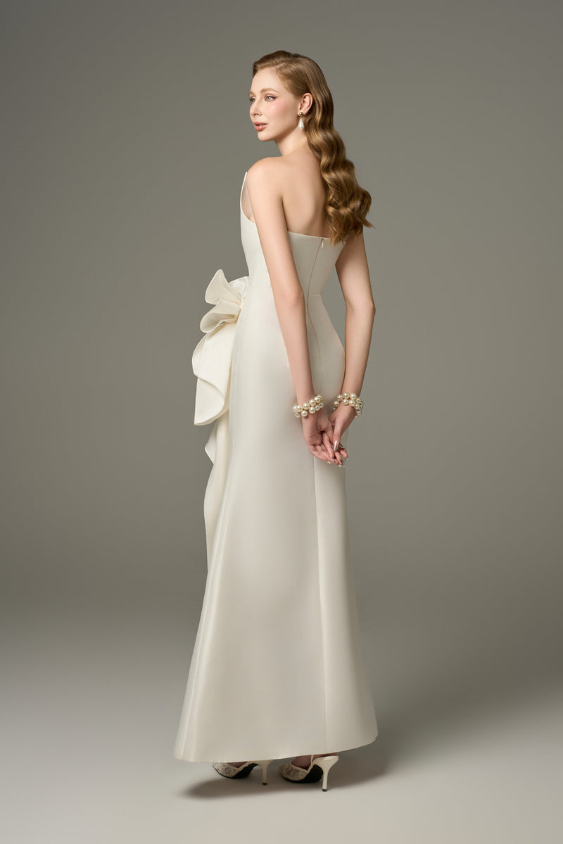 Devotion Acetate Asymmetric Neckline Gown With 3D Oversized Flower