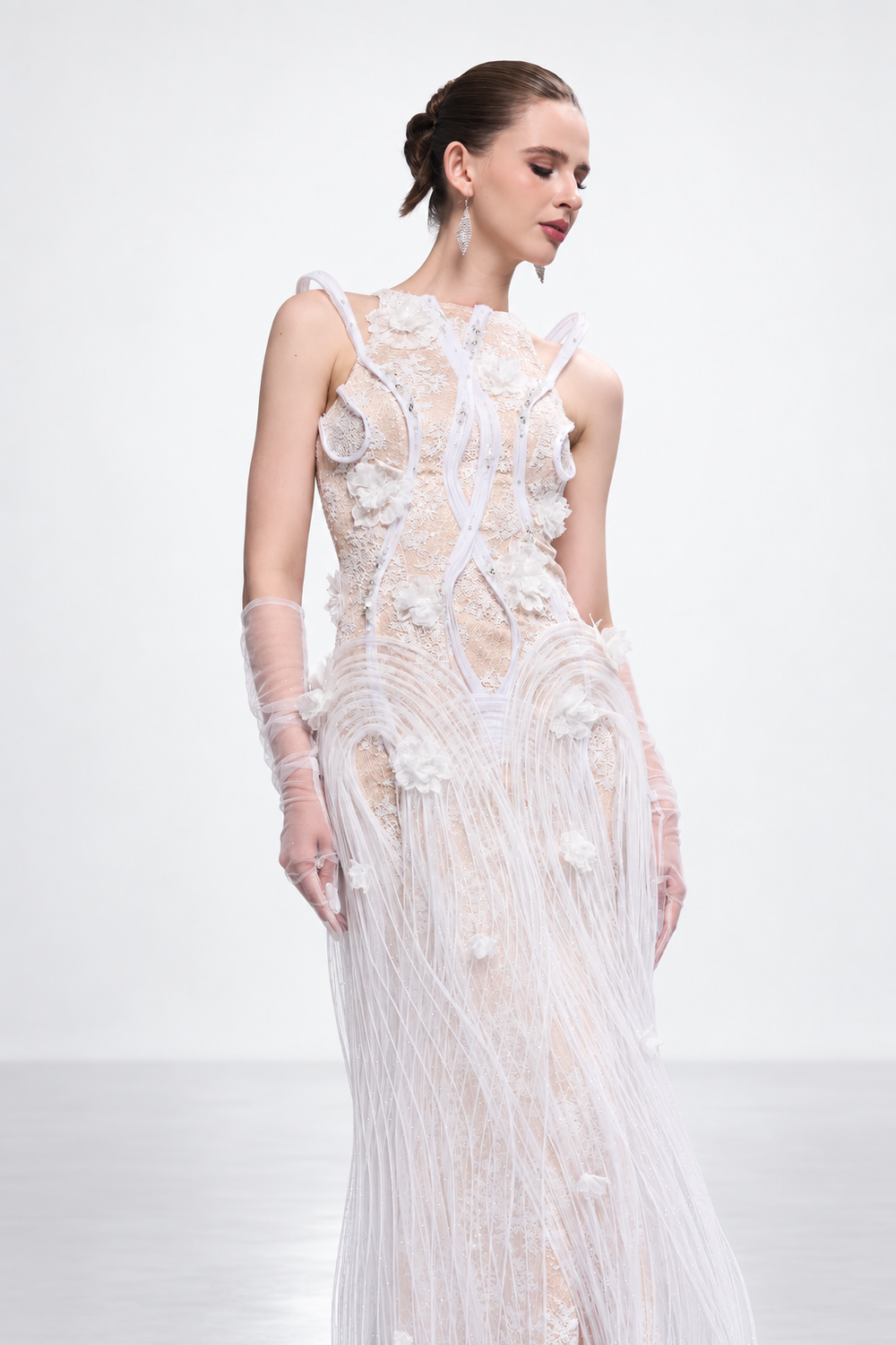 Esther Couture Lace Round-Neck 3D Pleated Plissé Maxi Dress
