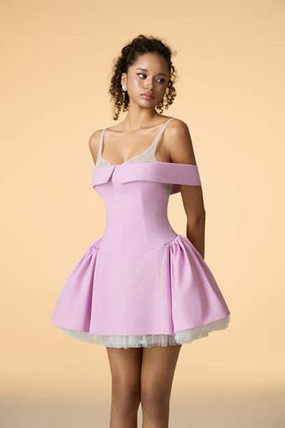  A light pink off-shoulder mini dress with lace straps, a corset bodice, and a flared mini skirt with a layered lace hem.