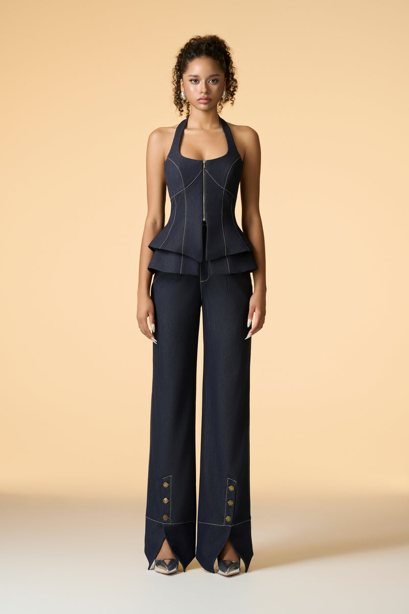 Forge Halter Neckline Corset Top And Buttoned Split Trousers Set