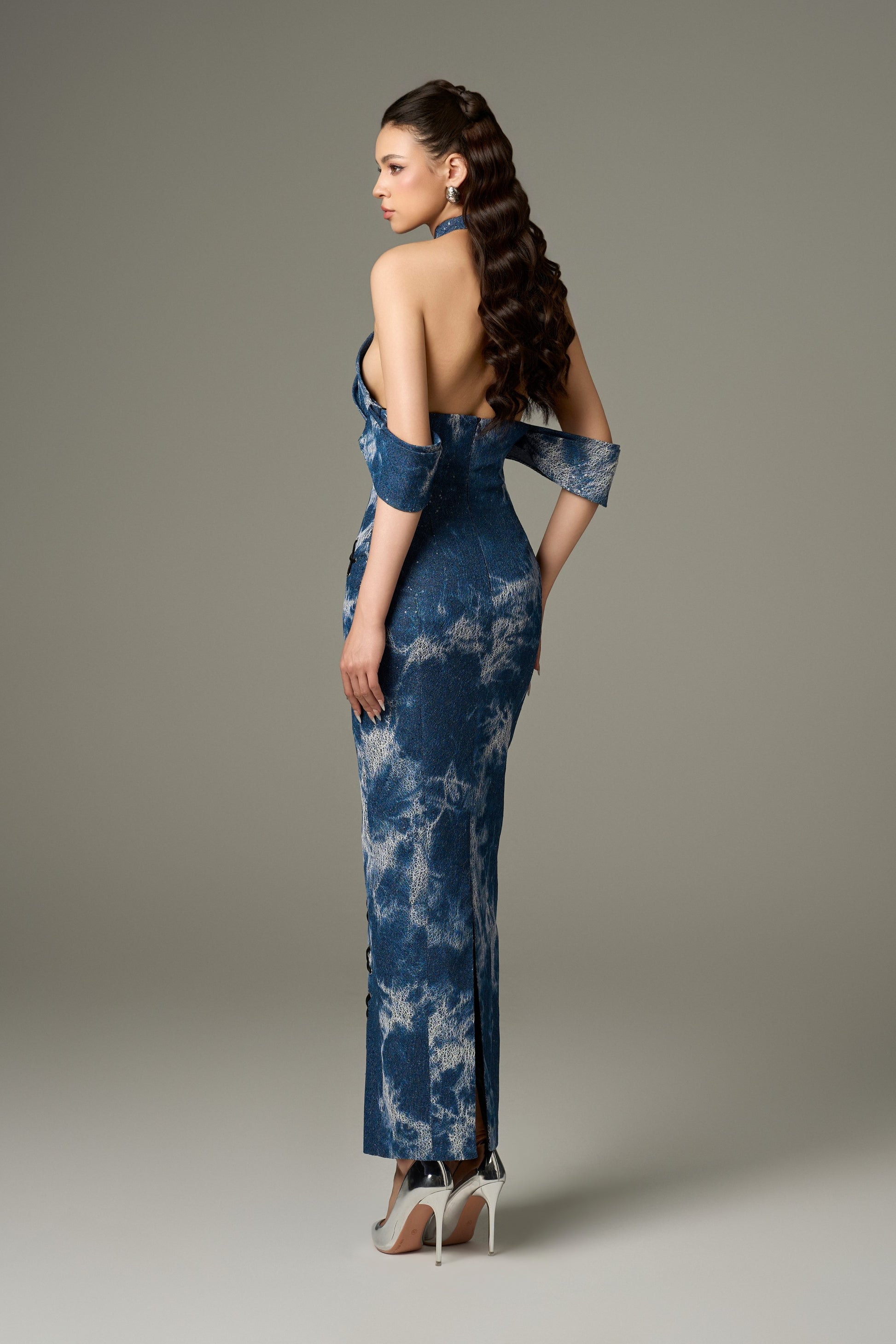 Chic Modest Cotton Denim Halter Tie-Dye Maxi Dress kalisa Chic Modest Cotton Denim Halter Tie-Dye Maxi Dress kalisa