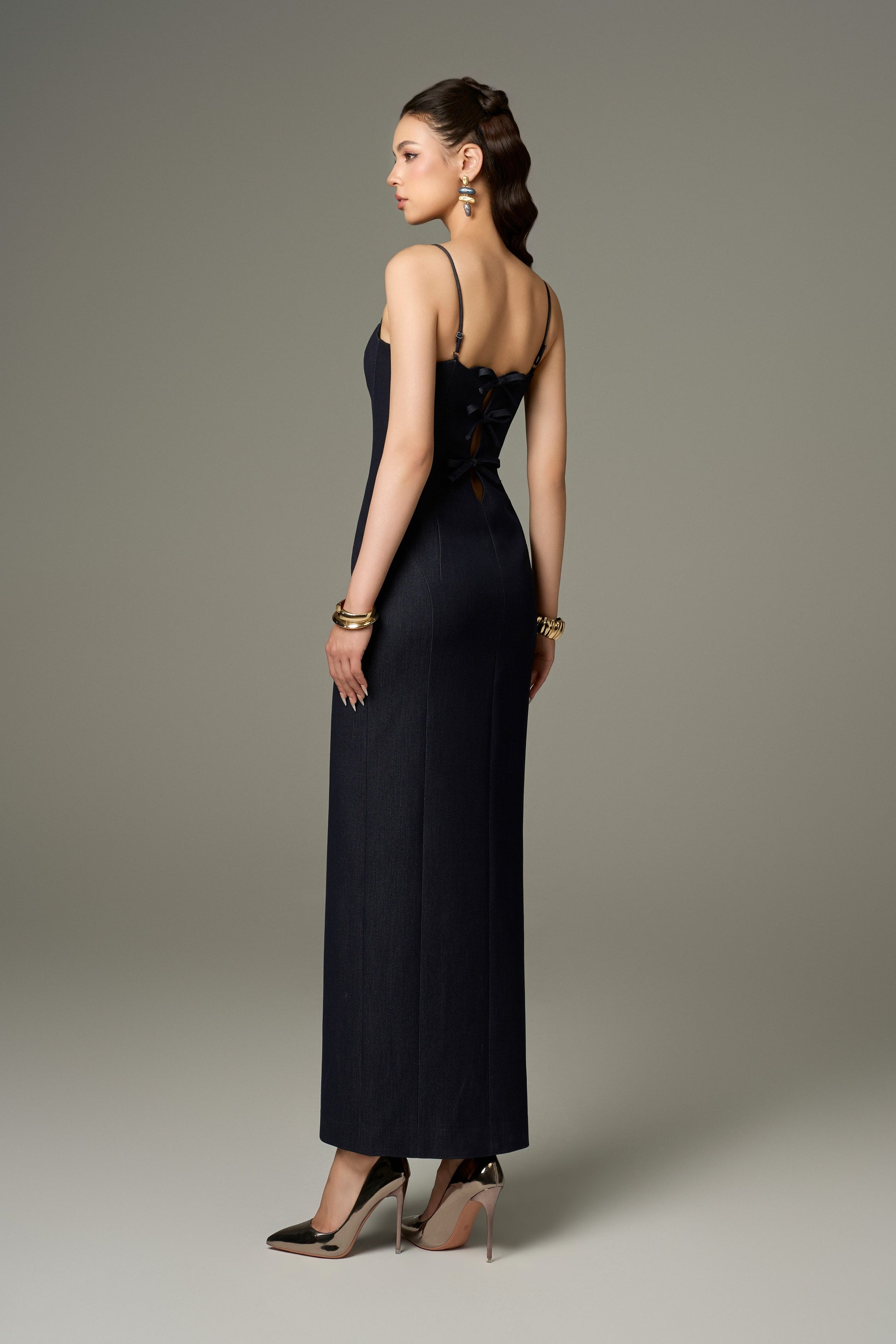 Cool-Girl Twill Denim Maxi Dress With Front Metal Zipper Bow Back kalisa Cool-Girl Twill Denim Maxi Dress With Front Metal Zipper Bow Back kalisa
