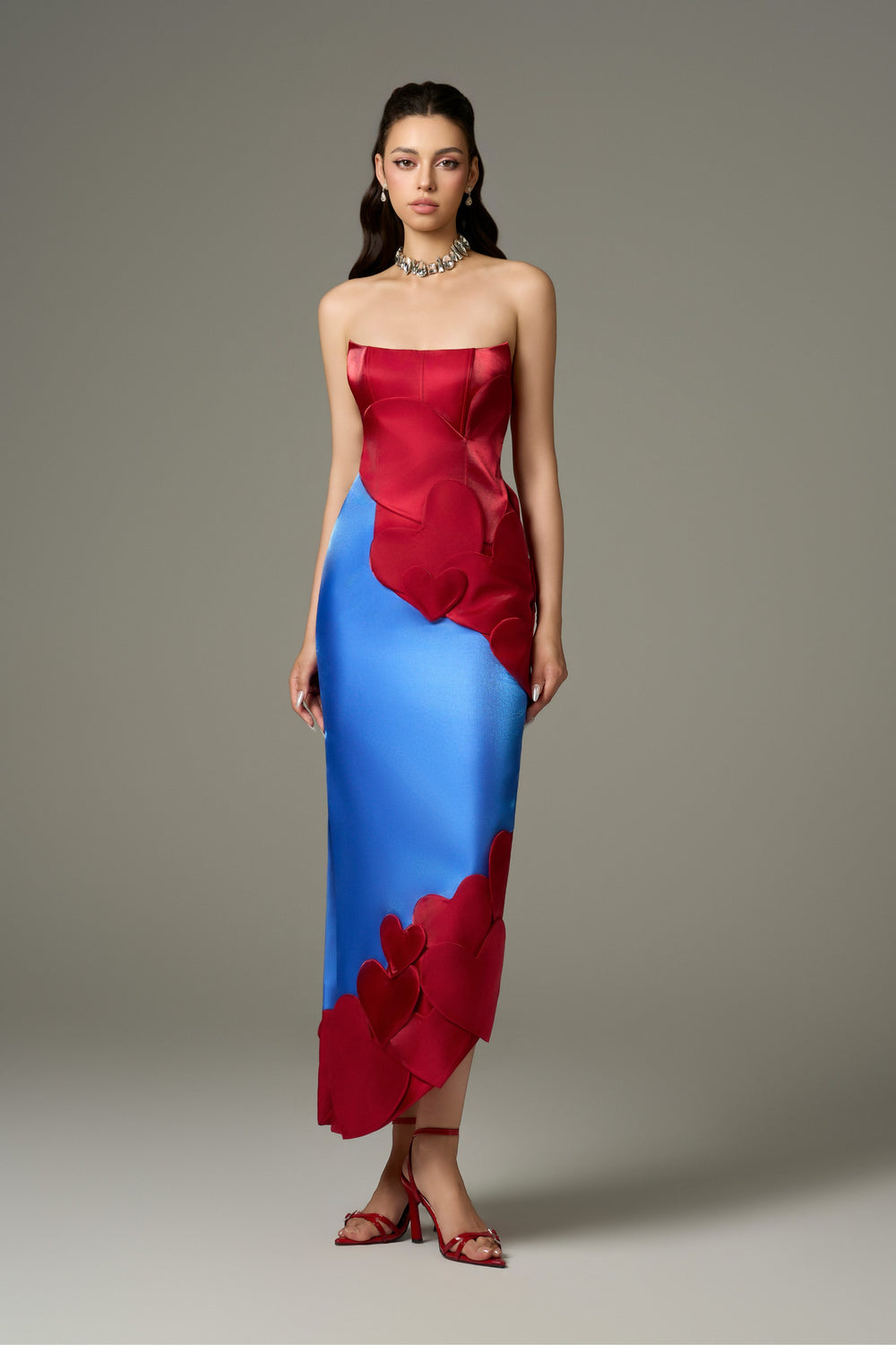 Darling Color Mix Taffeta Asymmetric Heart Detail Maxi Dress