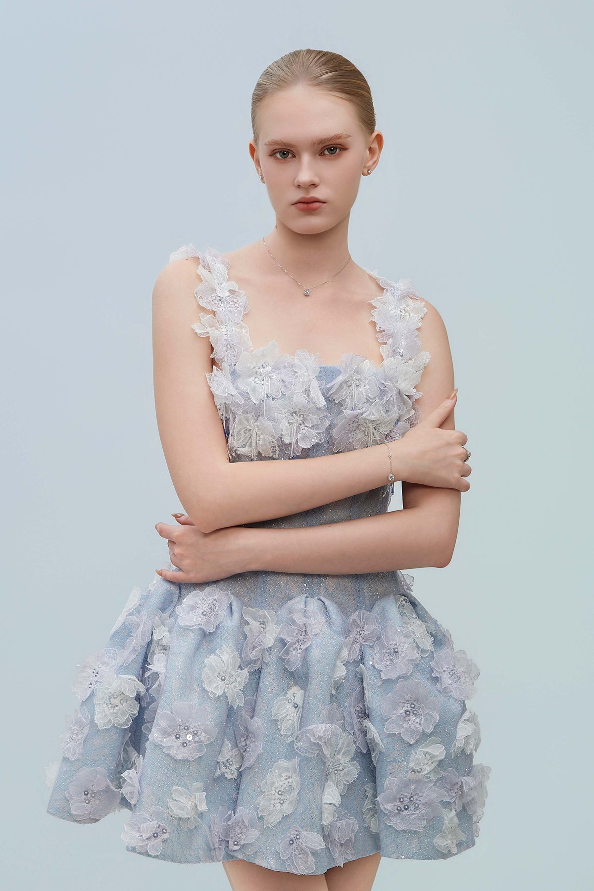 LUMI Lace Corset With Floral Ruffle Mini Dress