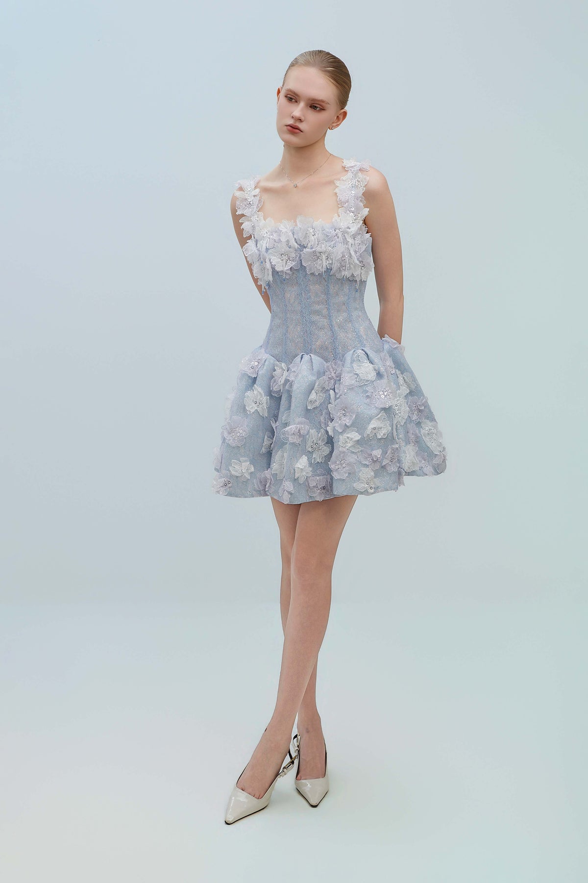 LUMI Lace Corset With Floral Ruffle Mini Dress