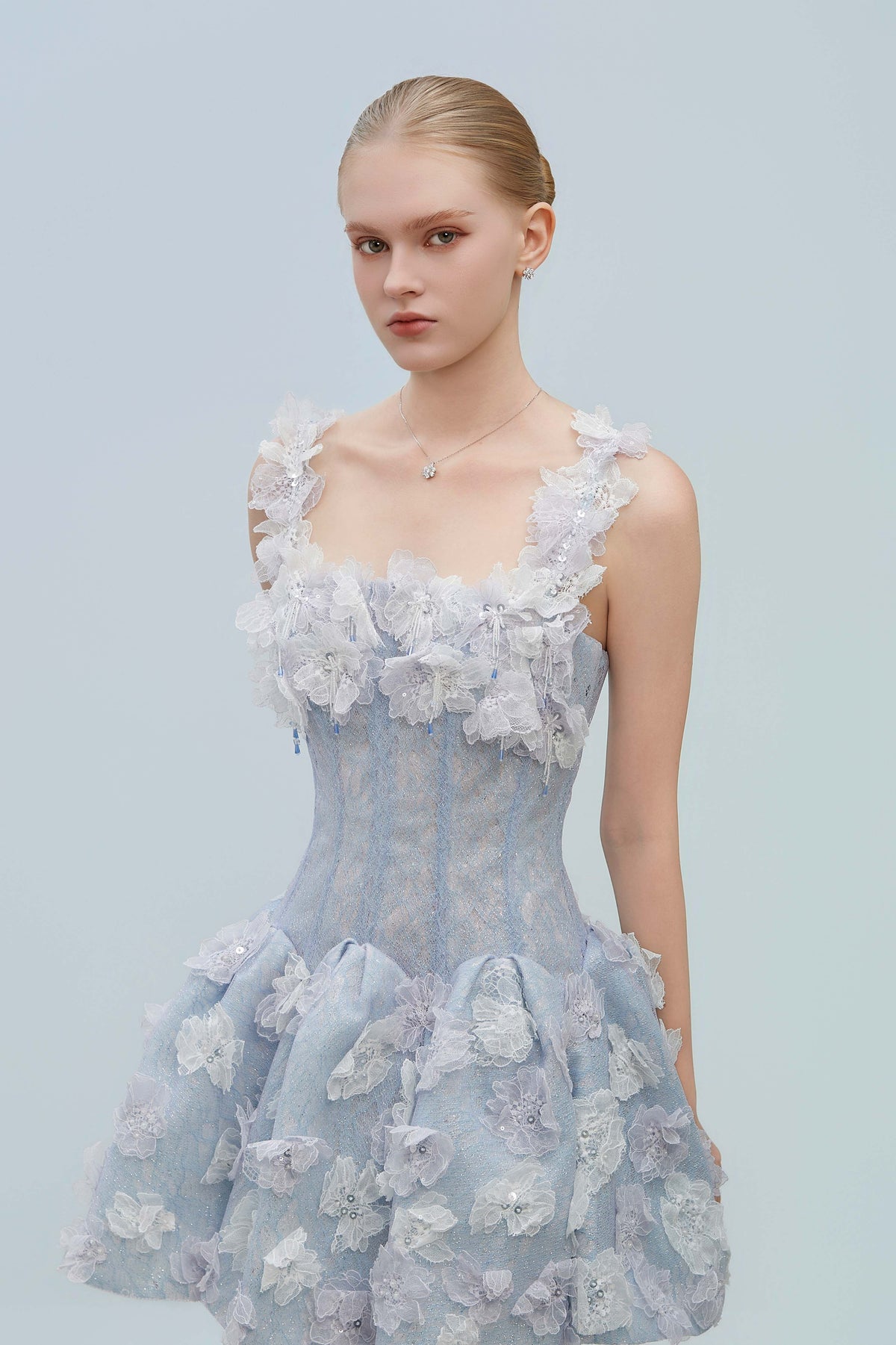 LUMI Lace Corset With Floral Ruffle Mini Dress