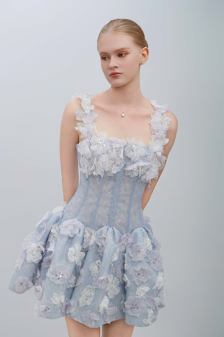 LUMI Lace Corset With Floral Ruffle Mini Dress