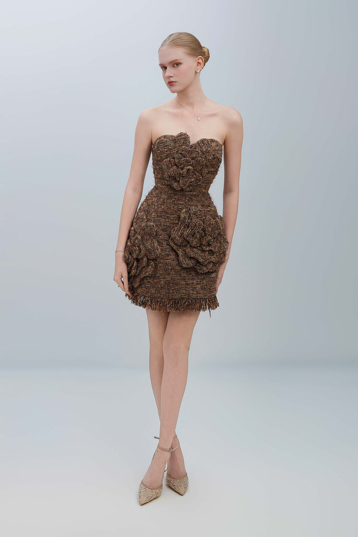 GENIE Strapless Textured Corset With Floral Fringe Mini Dress