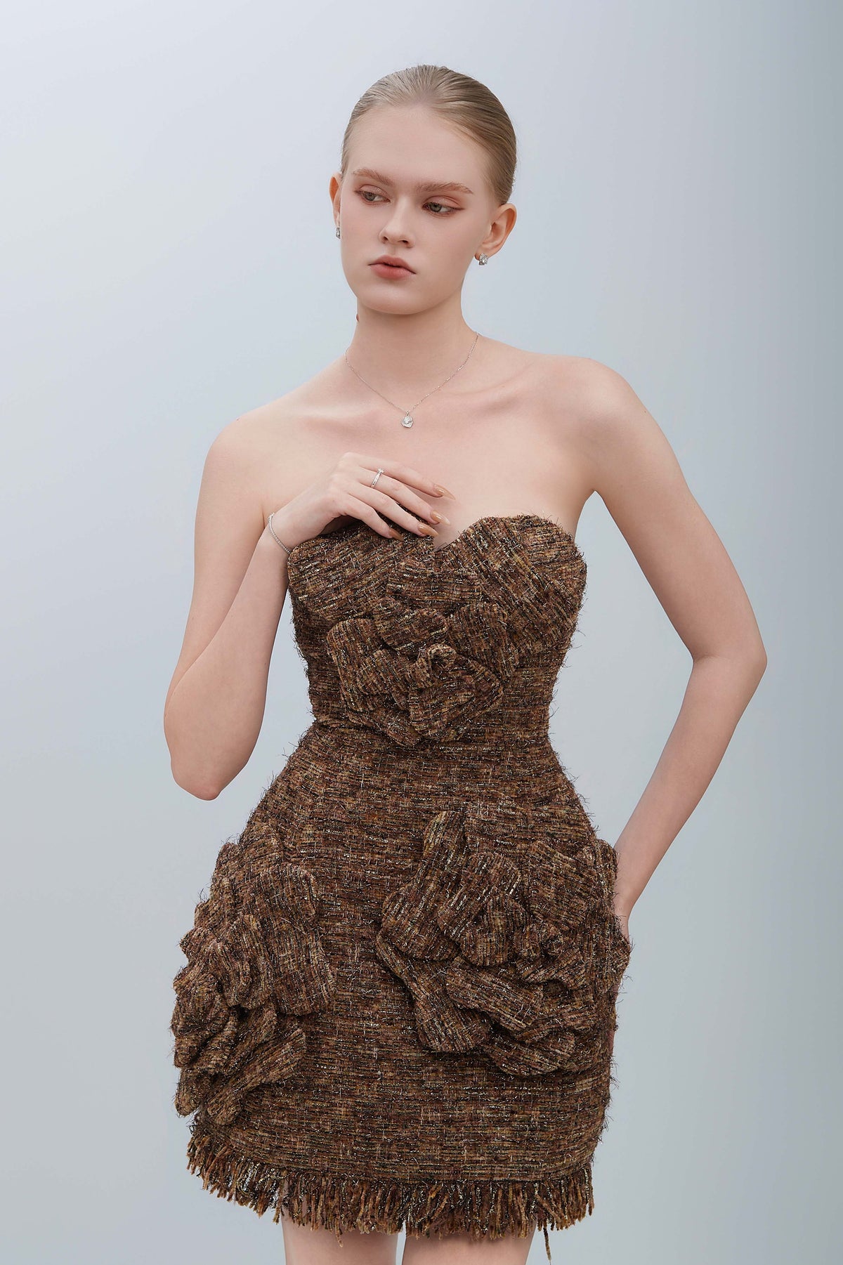 GENIE Strapless Textured Corset With Floral Fringe Mini Dress