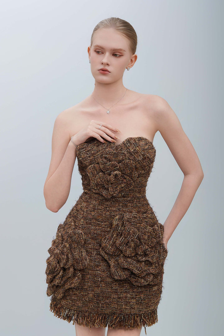 GENIE Strapless Textured Corset With Floral Fringe Mini Dress