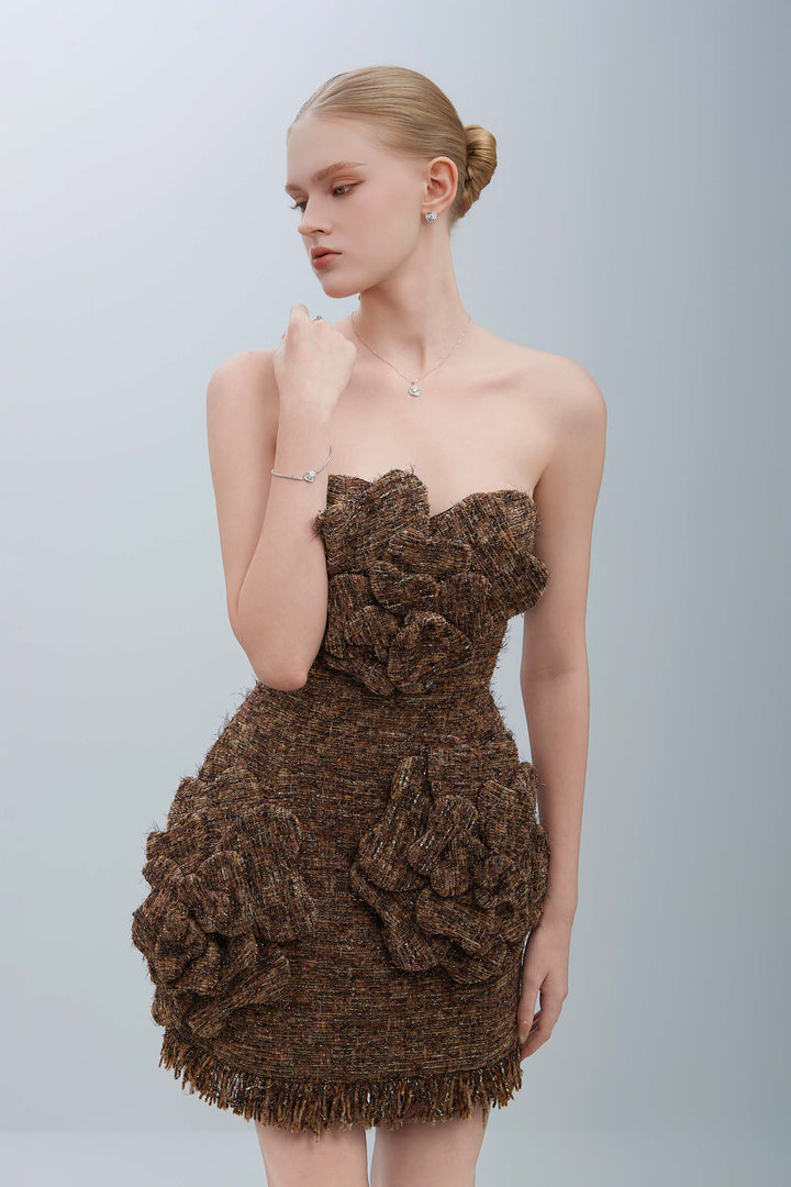 GENIE Strapless Textured Corset With Floral Fringe Mini Dress