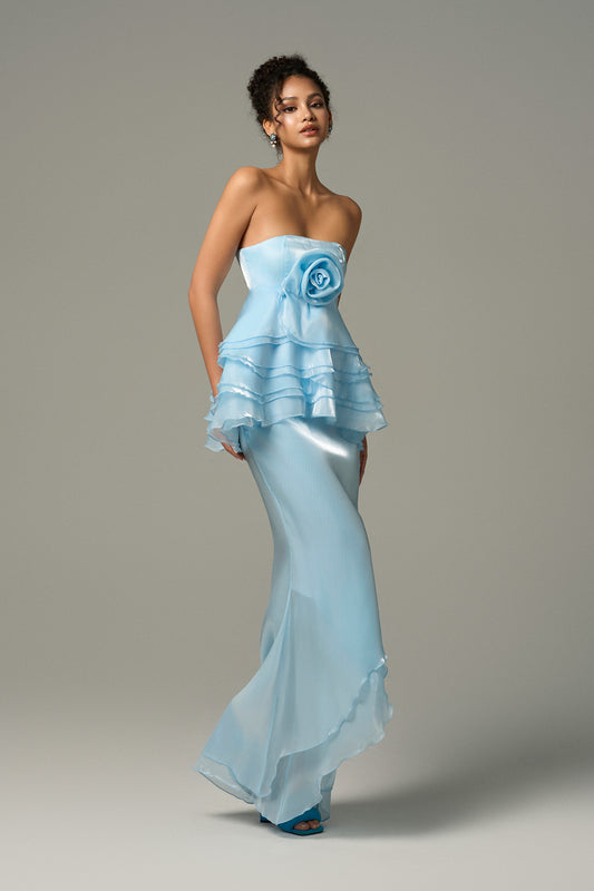 Light Blue Two-Piece Silk Maxi Dress is crafted from luxurious silk, the draped features delicate layers and floral sculpting