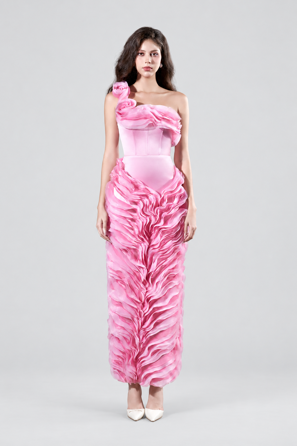Meera Couture Corset Pencil Dress Ruffle Waves Accent