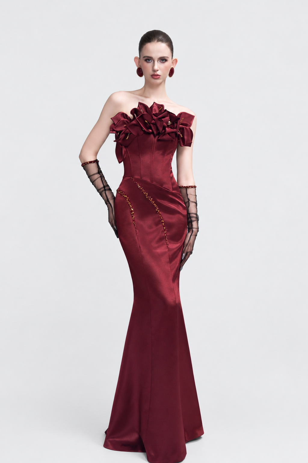 Kalisa Merlot Bandeau 3D Floral Maxi Dress With Gloves — product image 4