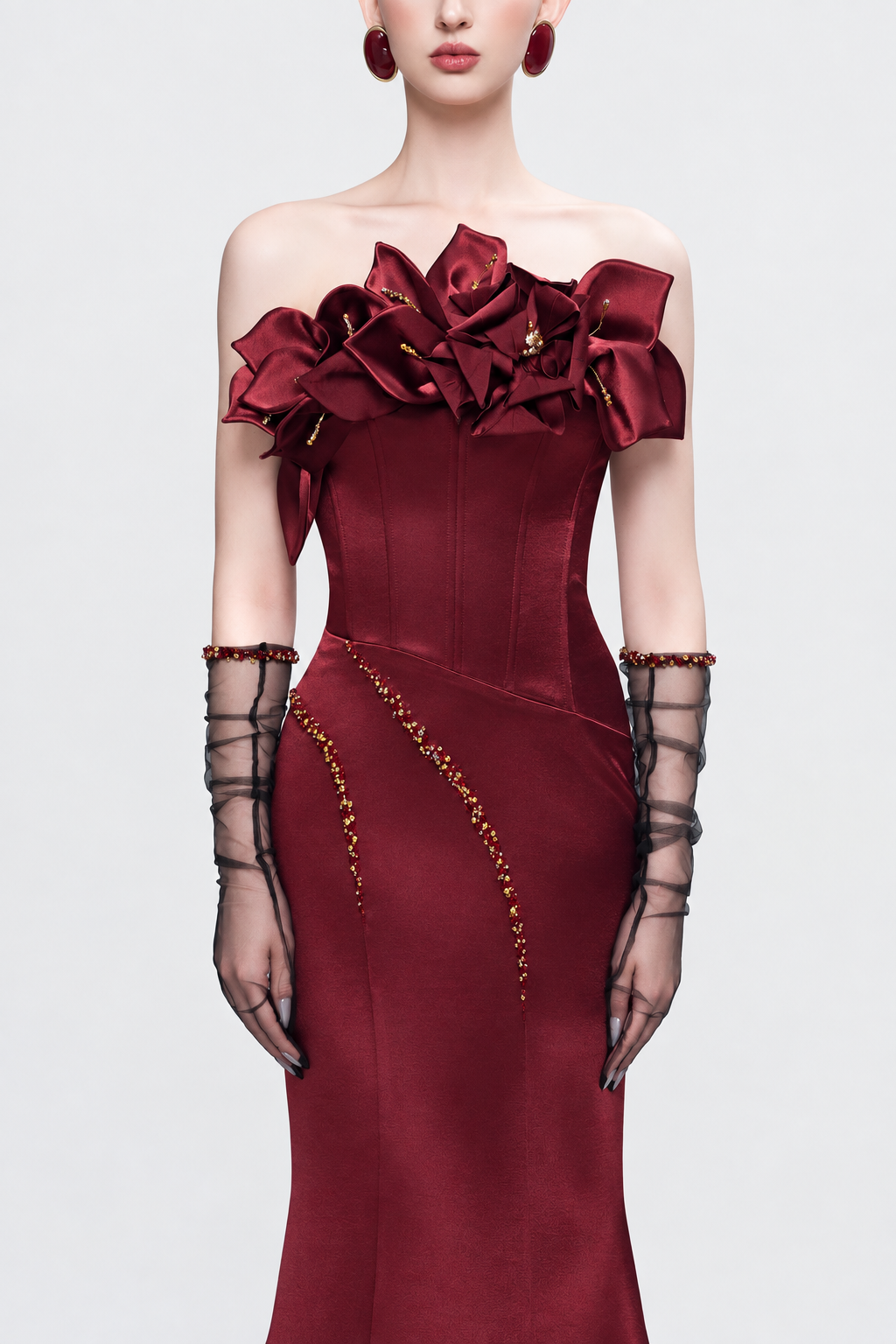 Kalisa Merlot Bandeau 3D Floral Maxi Dress With Gloves — product image 2