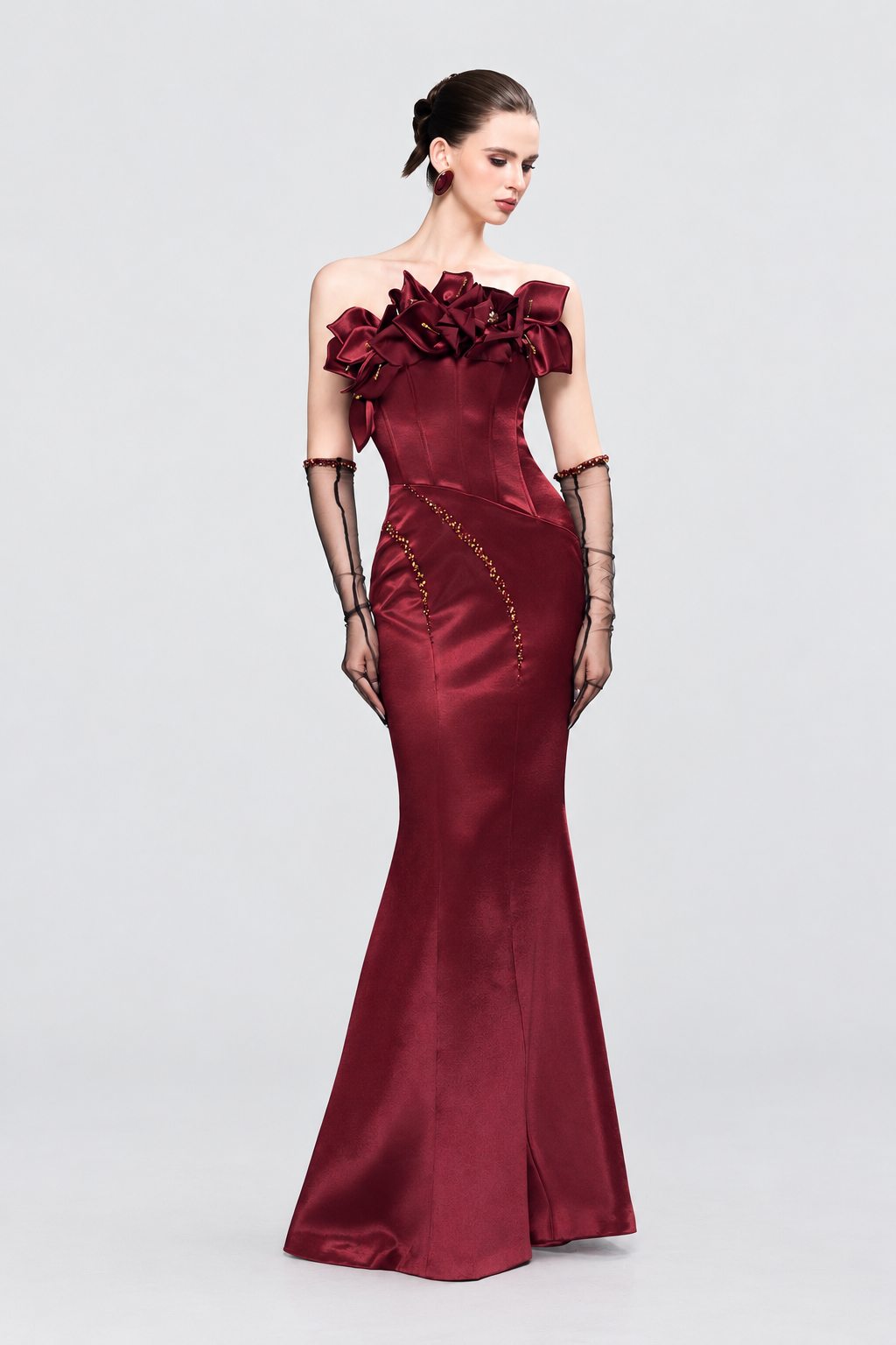 Kalisa Merlot Bandeau 3D Floral Maxi Dress With Gloves — product image 1