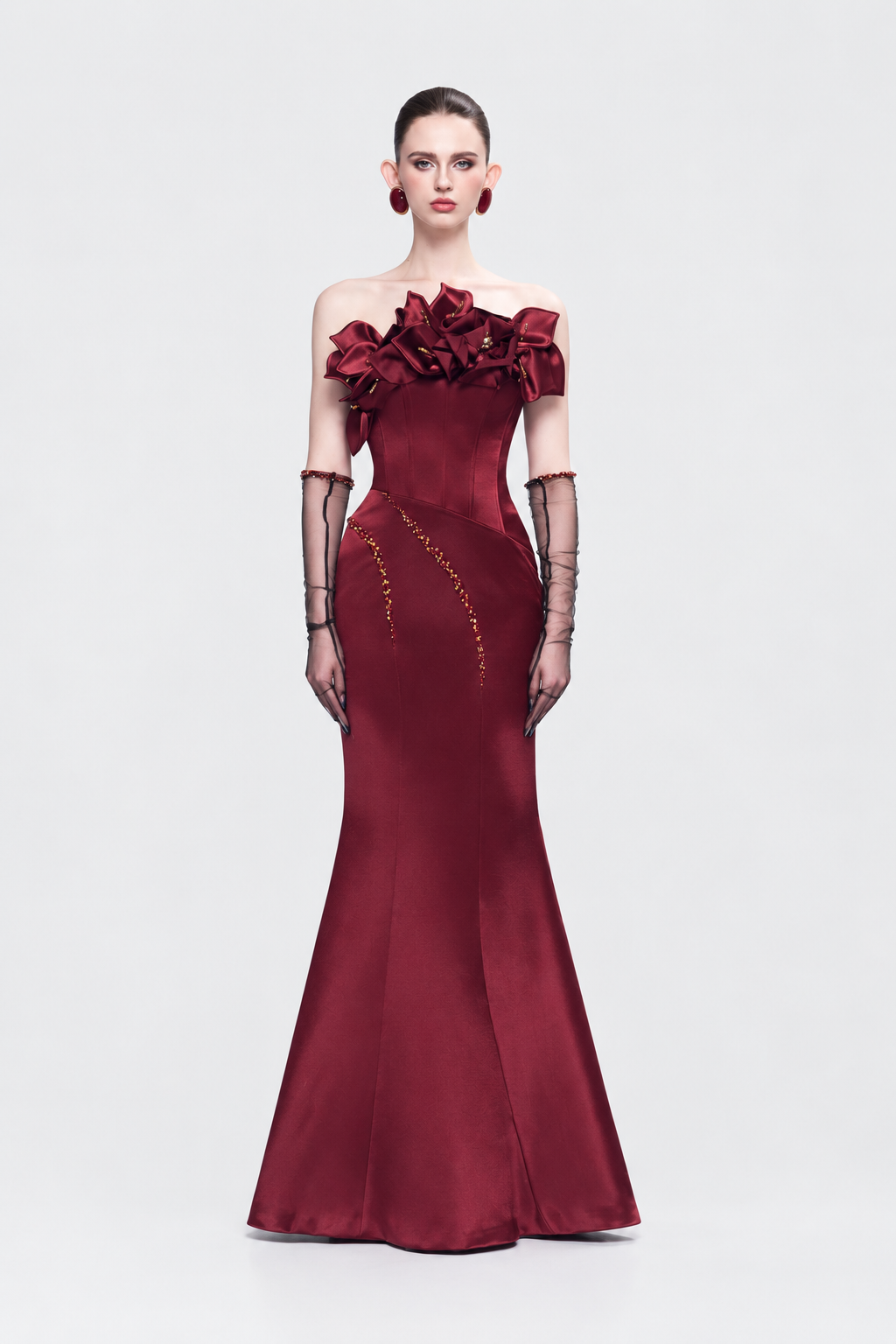 Kalisa Merlot Bandeau 3D Floral Maxi Dress With Gloves — product image 5