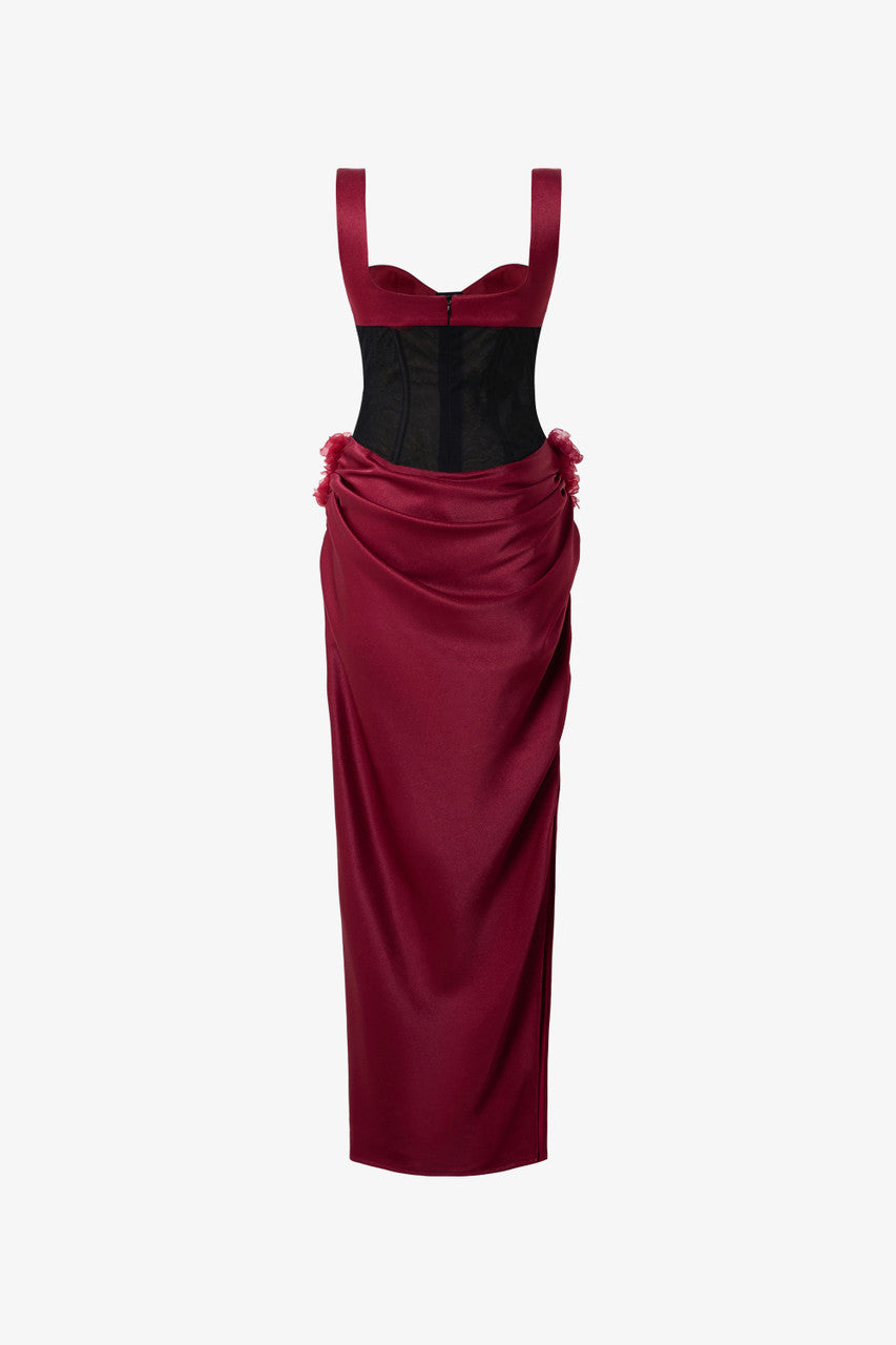 Rouge Mesh & Floral Appliqu Silk Corset Maxi Dress kalisa Rouge Mesh & Floral Appliqu Silk Corset Maxi Dress kalisa