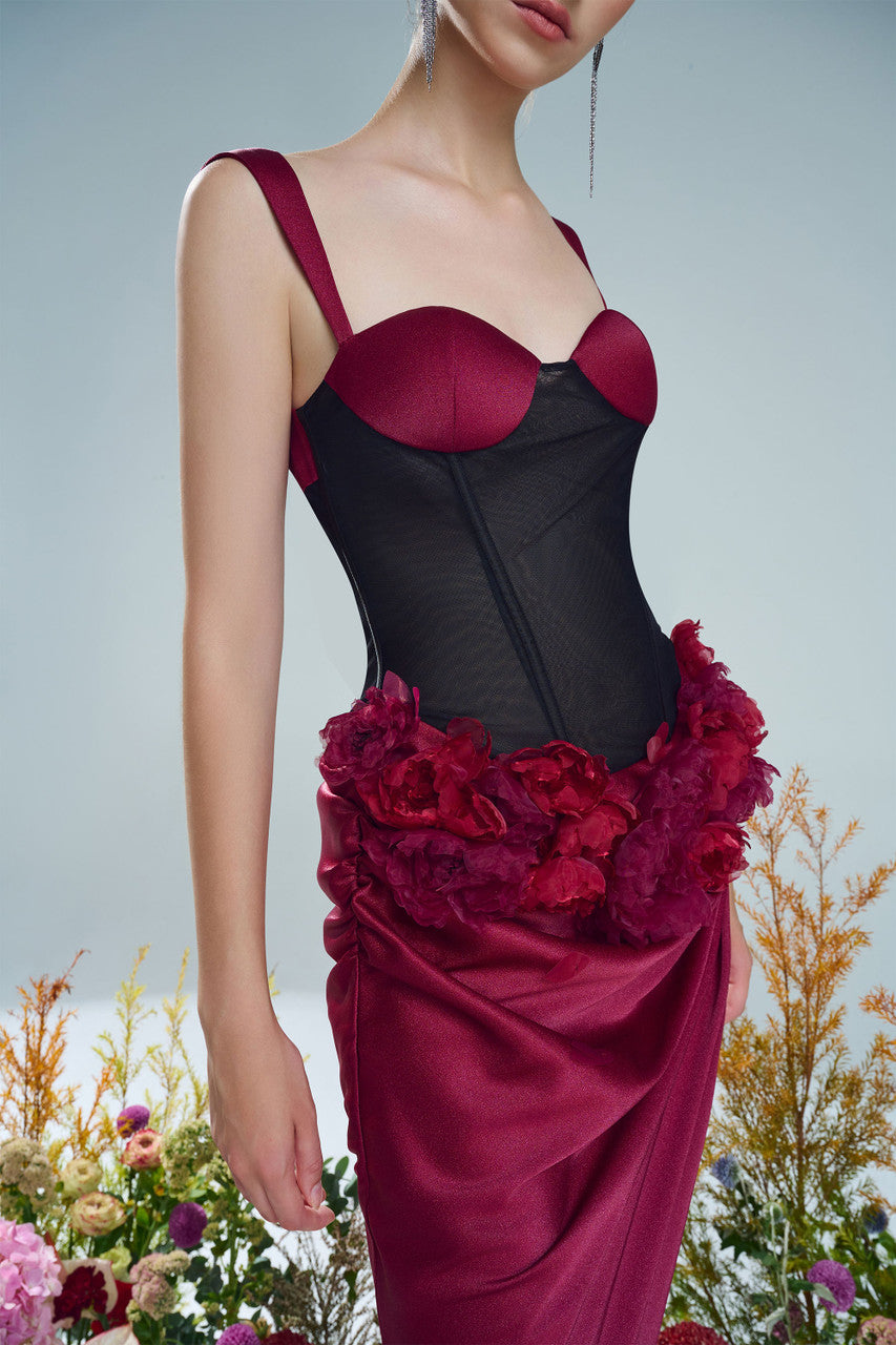 Rouge Mesh & Floral Appliqué Silk Corset Maxi Dress – kalisa