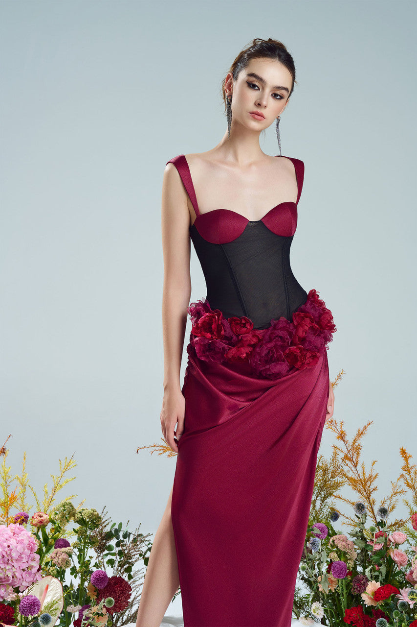 Kalisa Evening Gala Silk Corset Maxi Dress with Floral Appliqué and Mesh Detail Rouge Red / XL Kalisa Evening Gala Silk Corset Maxi Dress with Floral Appliqué and Mesh Detail Rouge Red / XL