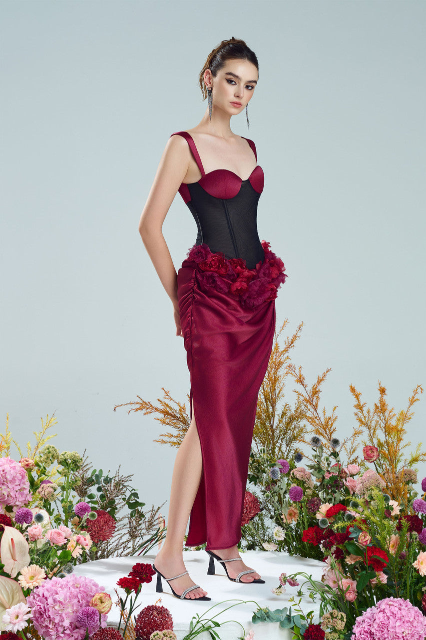 Rouge Mesh Floral Appliqué Silk Corset Maxi Dress – kalisa