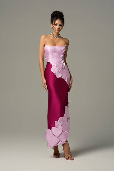 Darling Color Mix Taffeta Asymmetric Heart Detail Maxi Dress