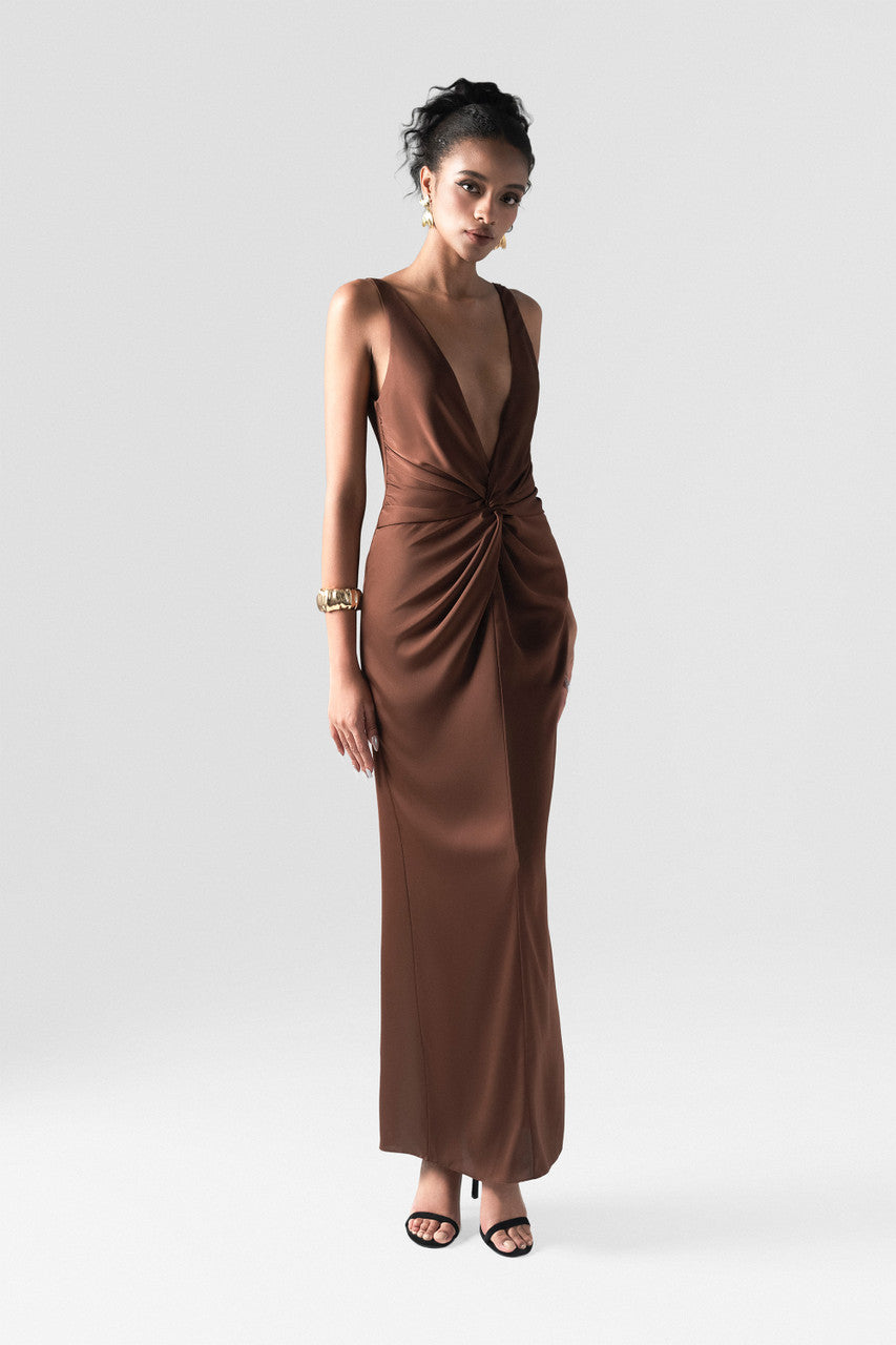 Untamed Mocha Twist Front Gown Deep V Neck