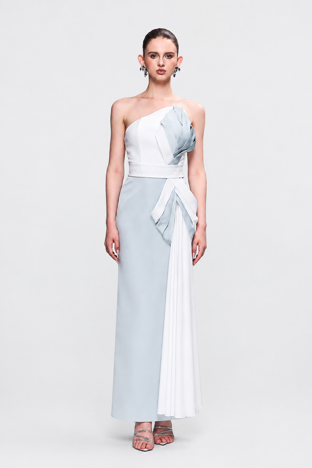 Nadia Asymmetrical Draped Maxi Dress with Side Train