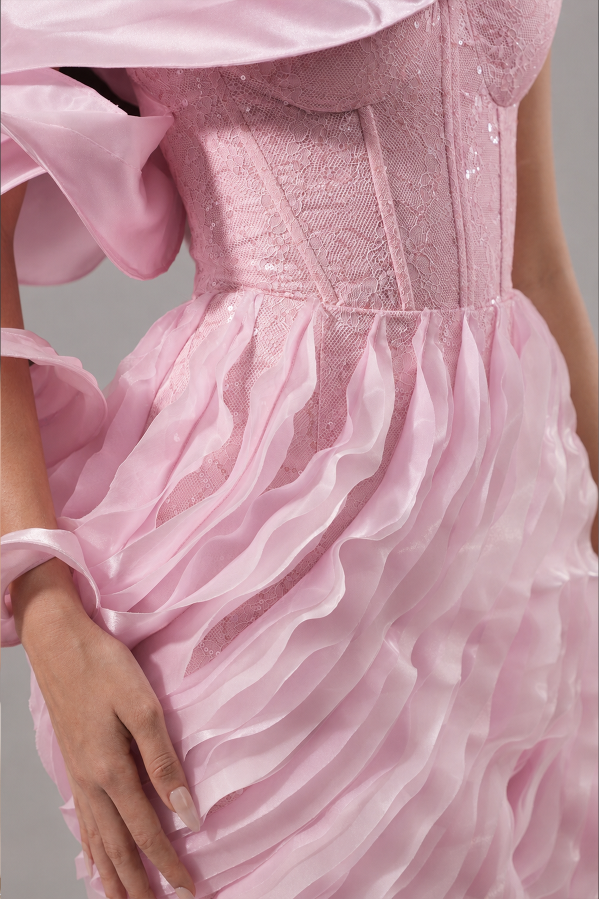 Nalina Couture Corset Romantic Dress With Ruffle Waves Accent