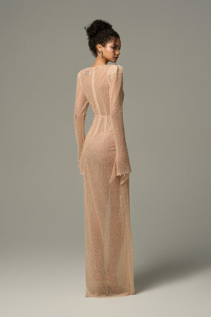 Nude Body Hugging Maxi Dress is crafted from luxury beaded mesh.