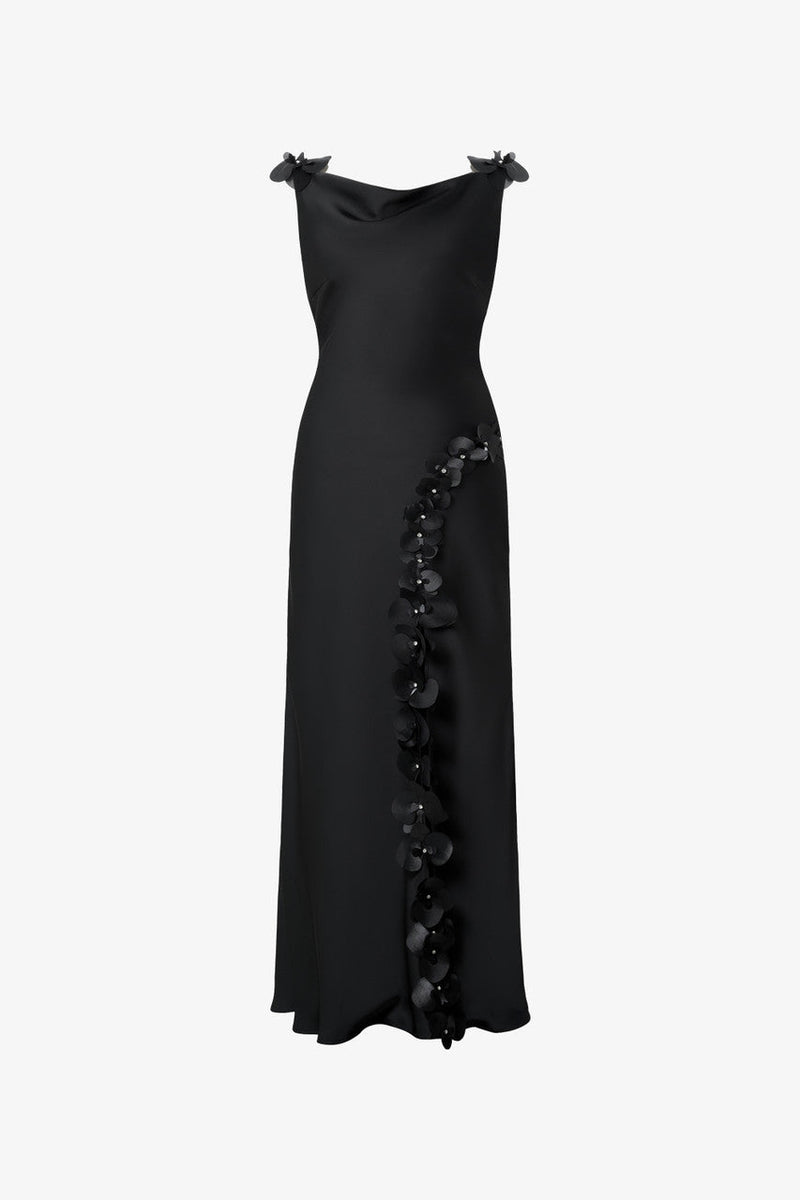 Orchid Appliqué Silk Side Slit Gown