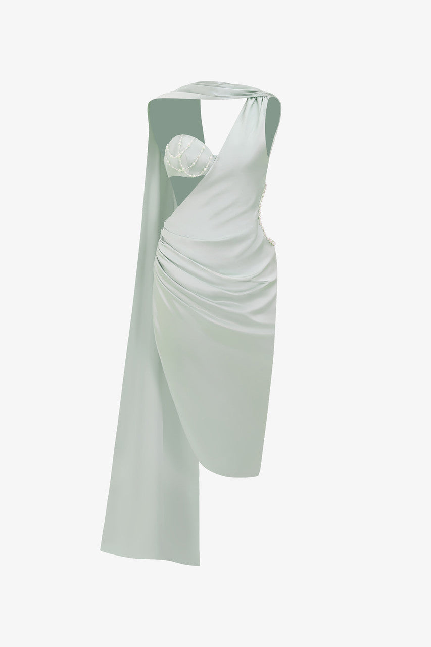 Cutaway Pearl Waist Accent Cut-Out Silk Midi Dress – kalisa