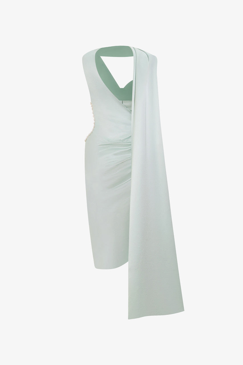 Cutaway Pearl Waist Accent Cut-Out Silk Midi Dress kalisa Cutaway Pearl Waist Accent Cut-Out Silk Midi Dress kalisa