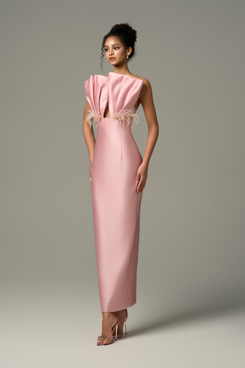 Seeshell Plume Feather & Crystal Embellished Maxi Dress With Draped Bust Cup