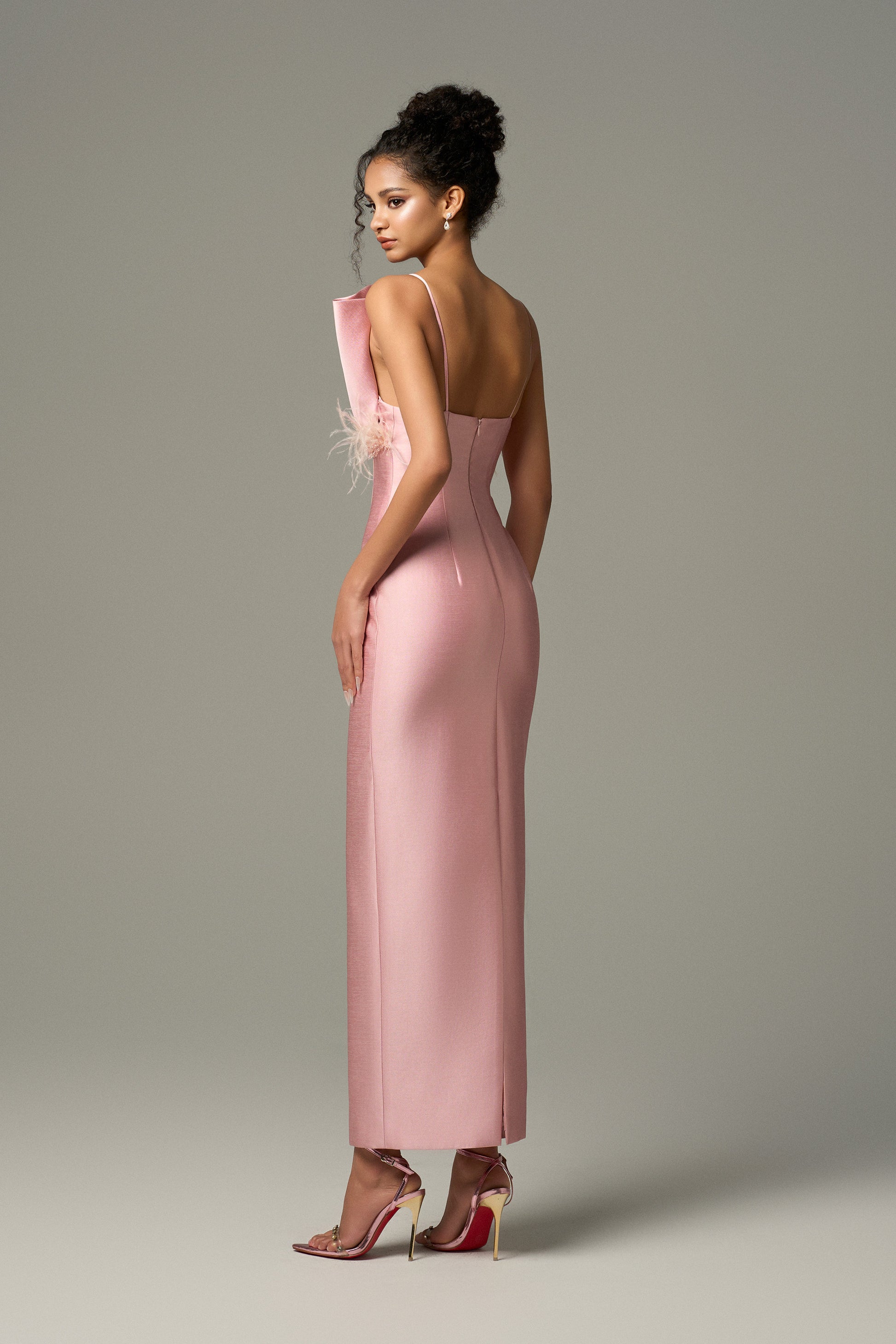 Pink feather and crystal maxi dress  designed in premium taffeta fabric.
